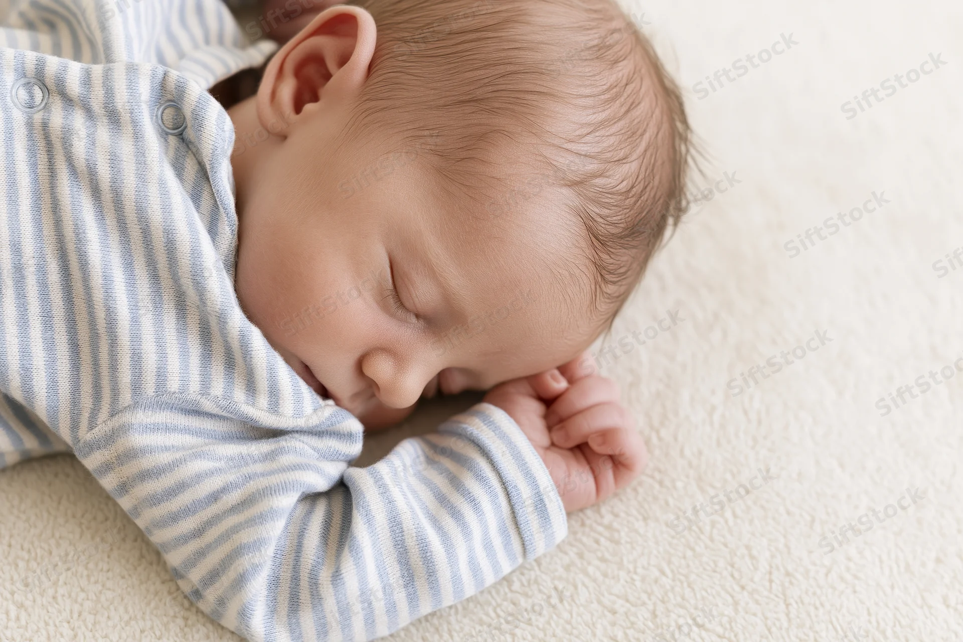 Newborn baby sleeping peacefully on soft cream-colored carpet wearing striped onesie