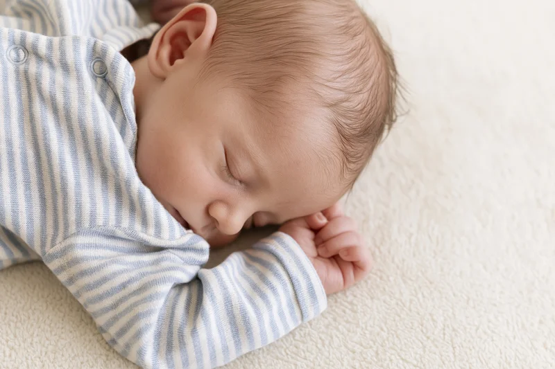 Newborn baby sleeping peacefully on soft cream-colored carpet wearing striped onesie