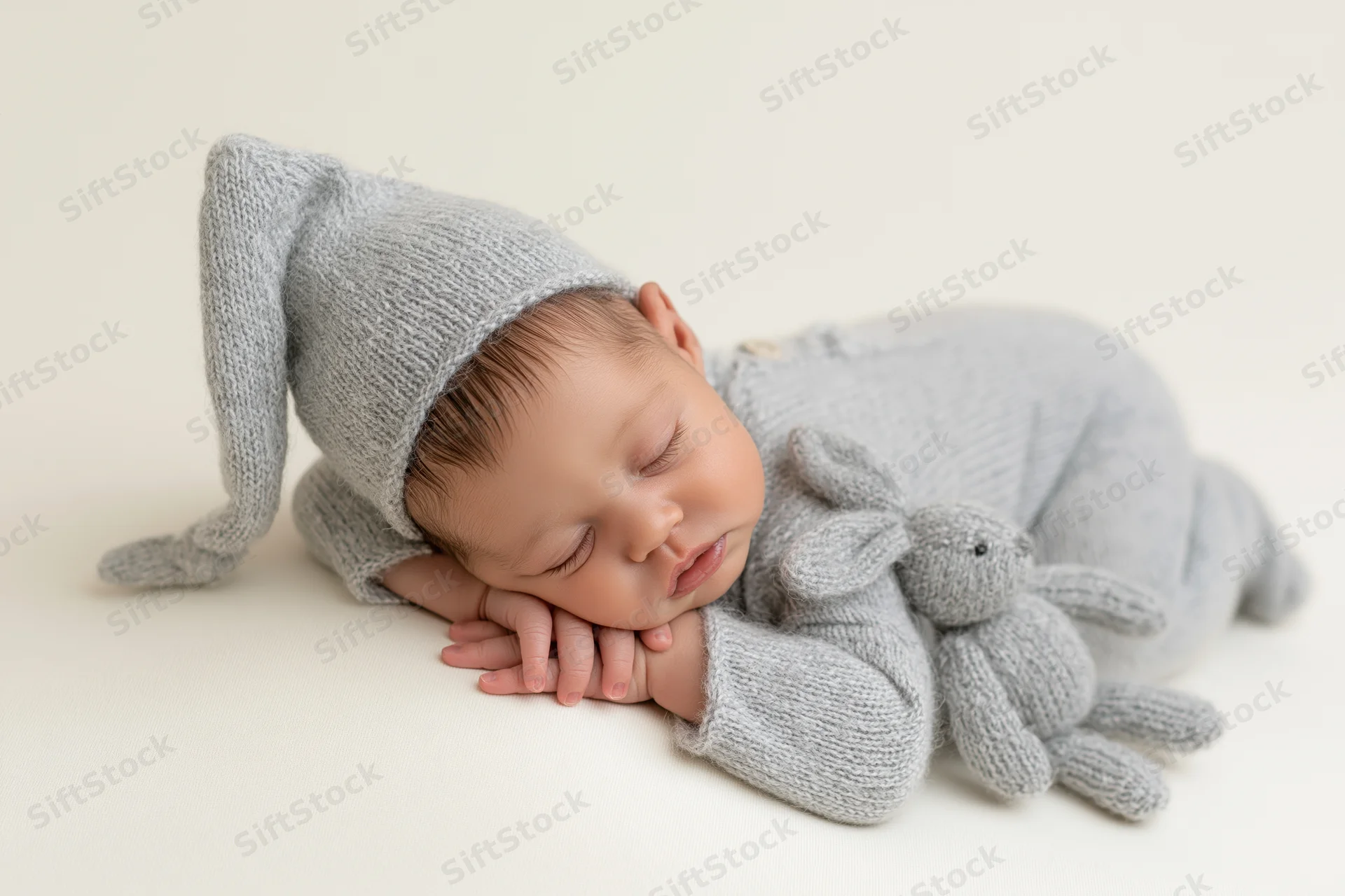Newborn baby sleeping peacefully on stomach with knit hat and bunny toy on white background