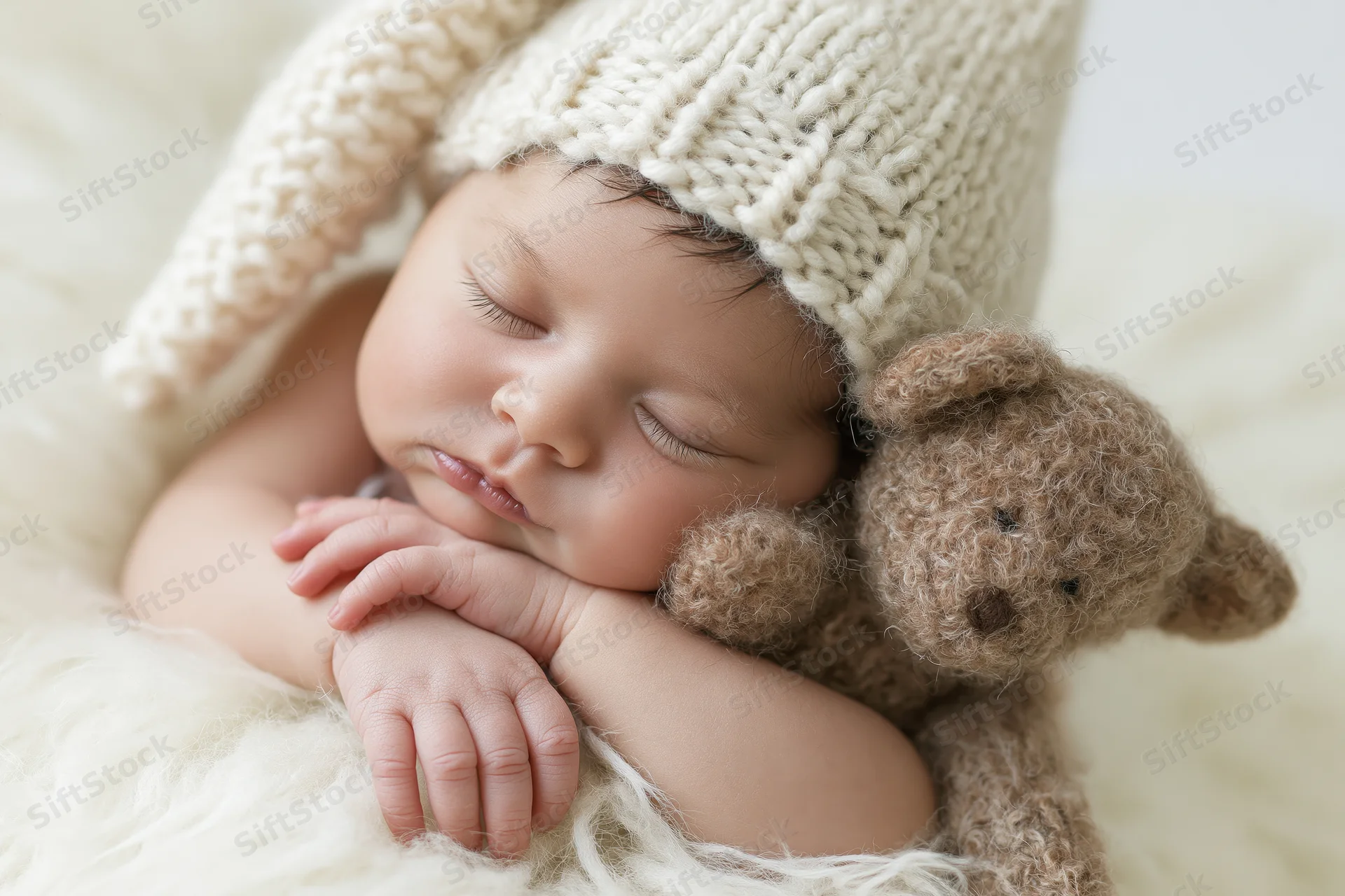 Newborn baby sleeping peacefully while hugging a brown plush teddy bear on a soft white blanket
