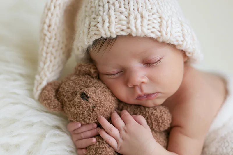 Newborn baby sleeping peacefully while hugging a brown plush teddy bear on a white fur blanket
