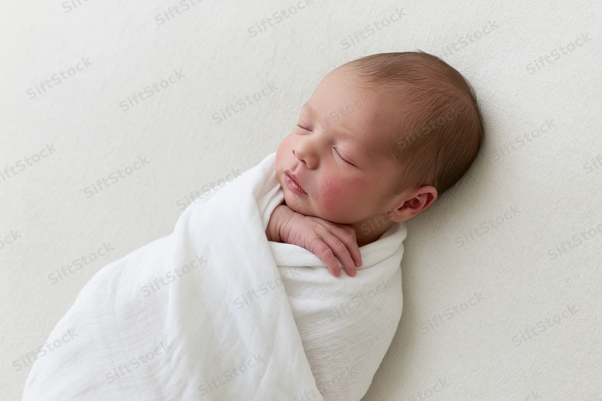 Newborn baby sleeping peacefully wrapped in a white blanket on a neutral background