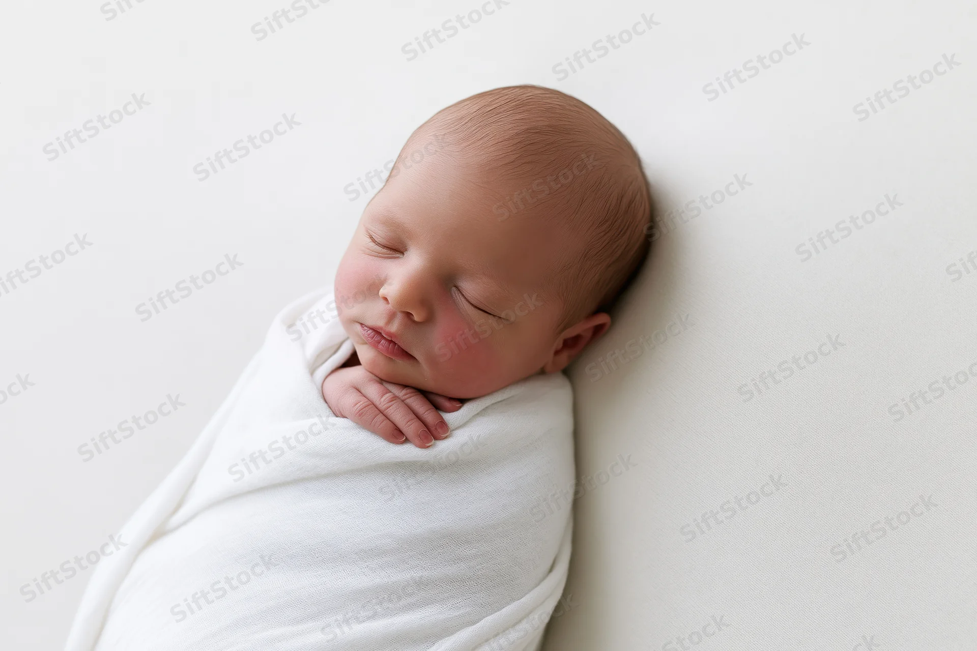 Newborn baby sleeping peacefully wrapped in white muslin blanket on light surface