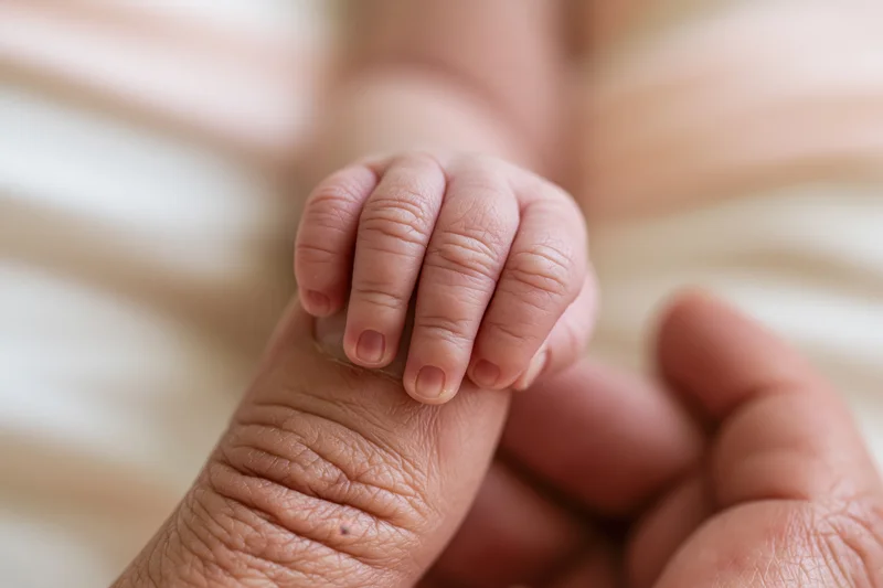 Newborn baby's tiny hand gripping an adult finger close-up