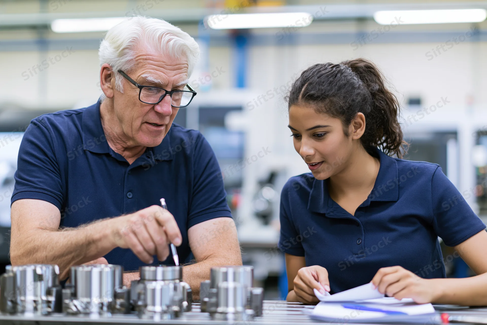 Older male engineer mentoring young female apprentice in workshop, pointing at metal components while she reviews documents