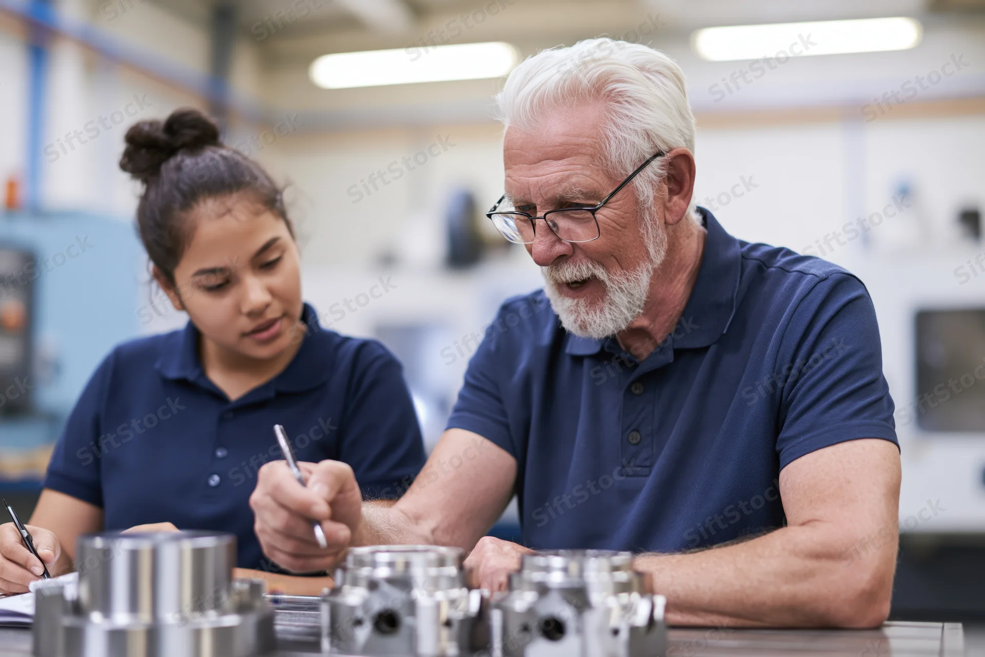 Older male engineer mentoring young woman in workshop, both examining metal components and taking notes