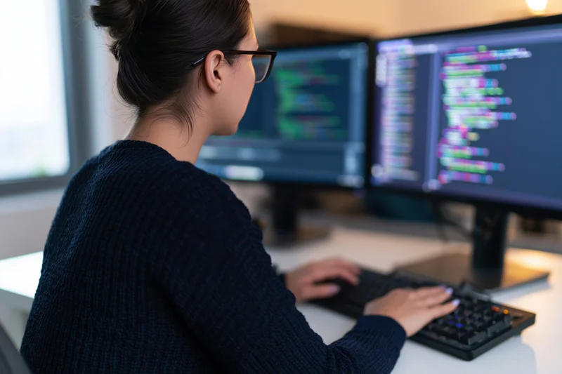 Woman software developer coding at desk with dual monitors in office