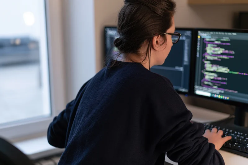 Young woman software developer coding at dual monitors in office workspace