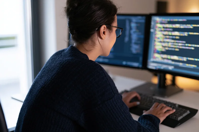 Young woman software developer typing code on dual monitors at desk