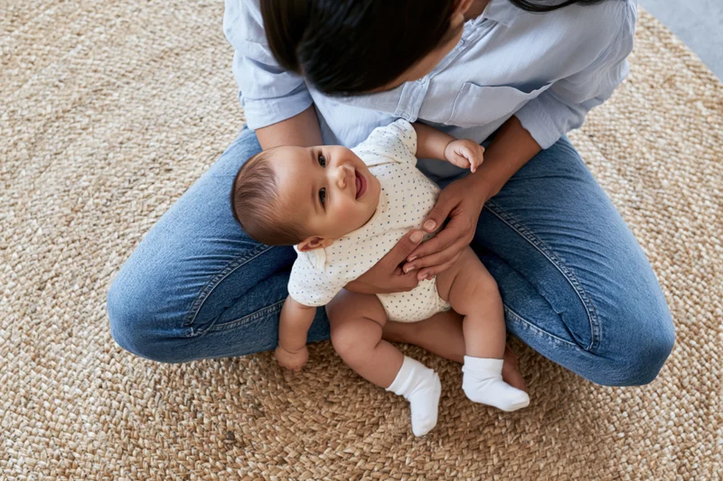 Mother sitting cross-legged on woven rug holding baby who is smiling up at her