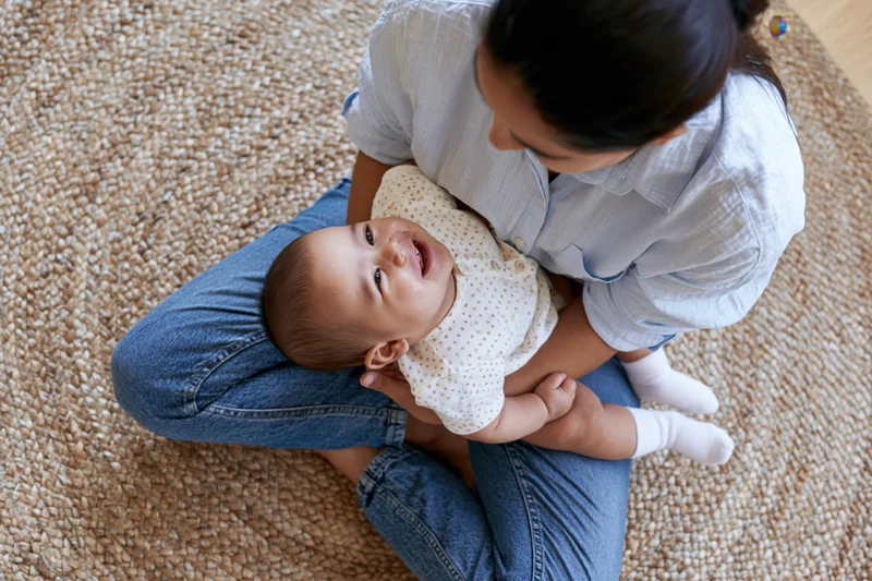 Young mother sitting cross-legged on a woven rug holding a smiling baby on her lap