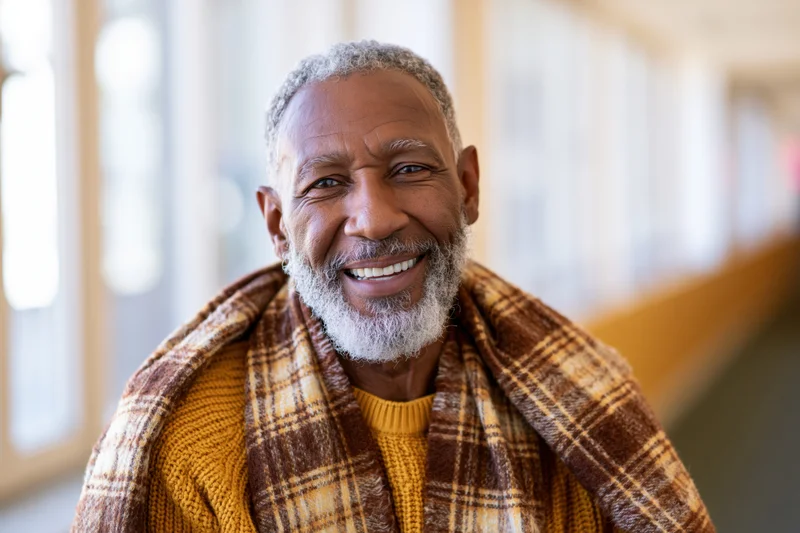 Smiling senior black man with grey beard and plaid scarf indoors