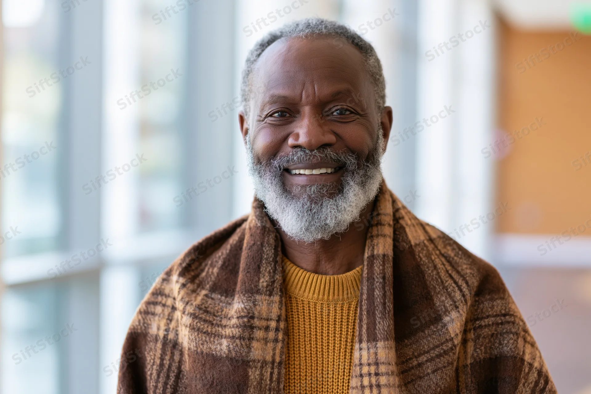 Senior black man smiling with grey beard and plaid scarf indoors near window