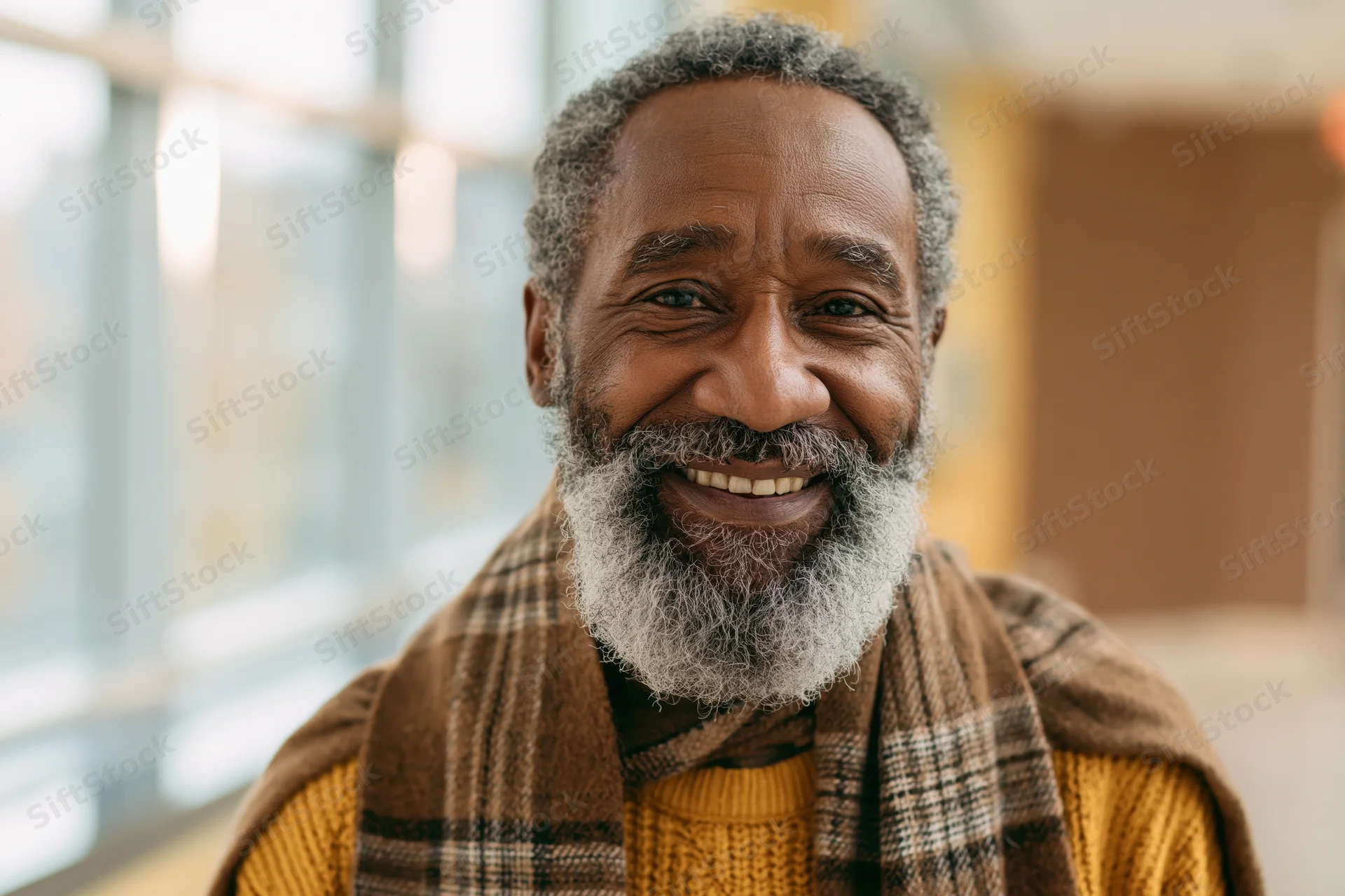 Senior black man smiling warmly in closeup portrait indoors wearing yellow sweater and plaid scarf