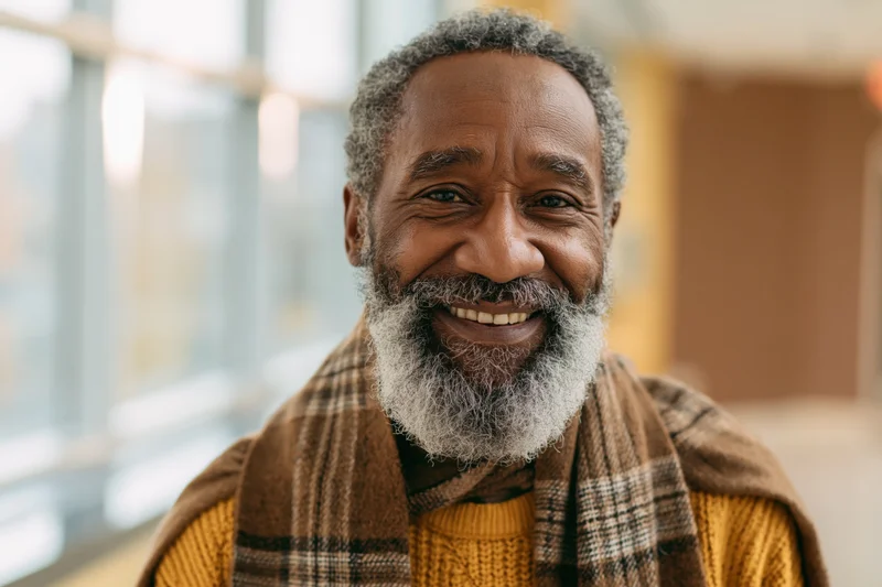 Senior black man smiling warmly in closeup portrait indoors wearing yellow sweater and plaid scarf