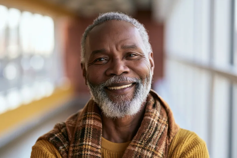 Senior black man smiling warmly in closeup portrait indoors wearing yellow sweater and plaid scarf