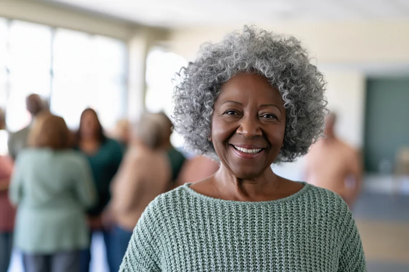 Senior black woman smiling in a knit sweater with a group of people in the background at an indoor community gathering
