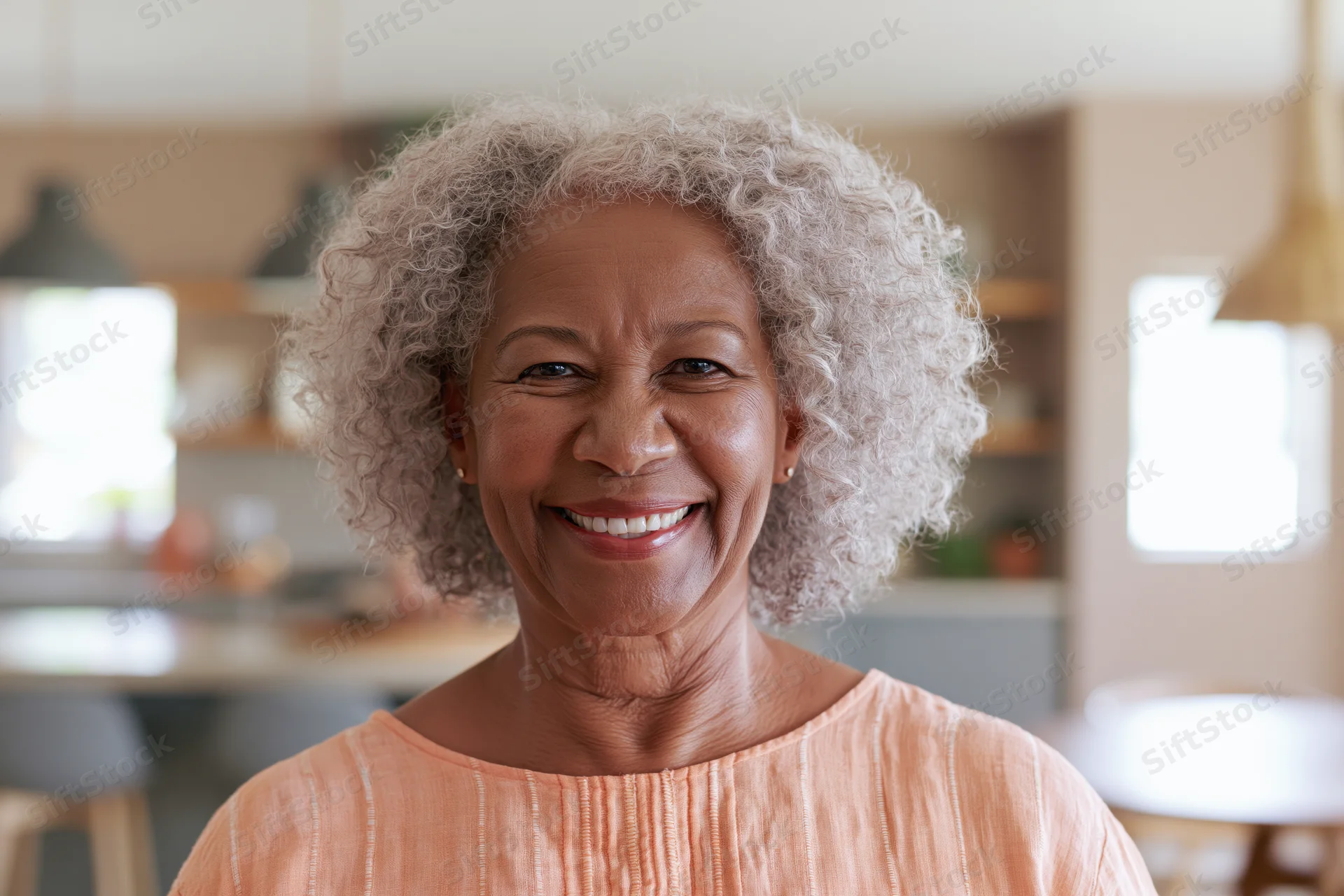 Senior black woman smiling in a kitchen interior