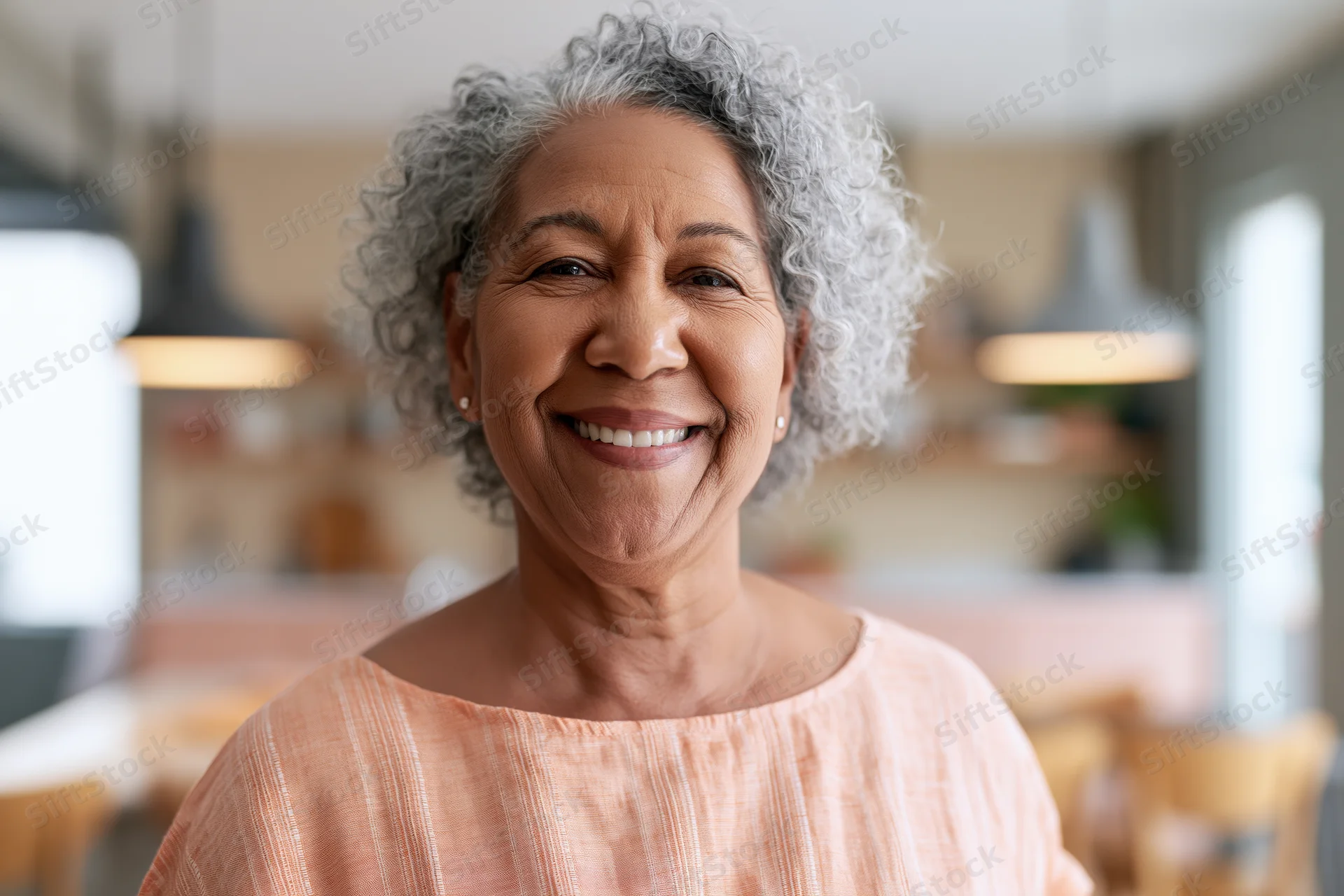 Senior black woman smiling in a cafe interior