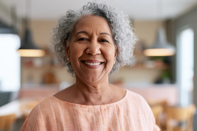 Senior black woman smiling in a cafe interior