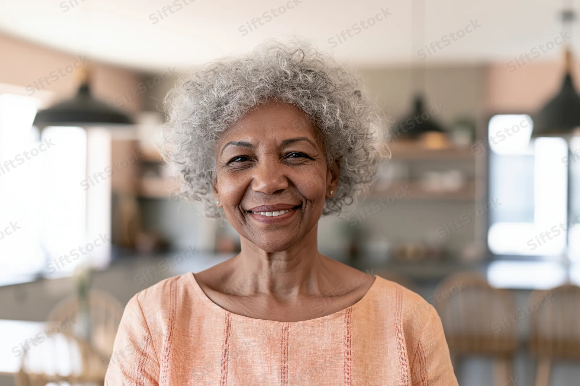 Senior black woman smiling in a kitchen interior with soft natural lighting