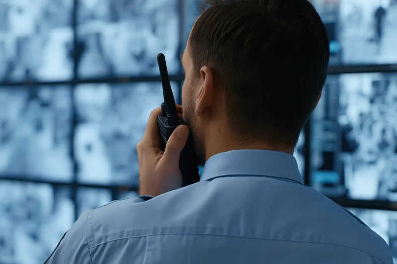 Security guard speaking into handheld radio in front of surveillance screen grid