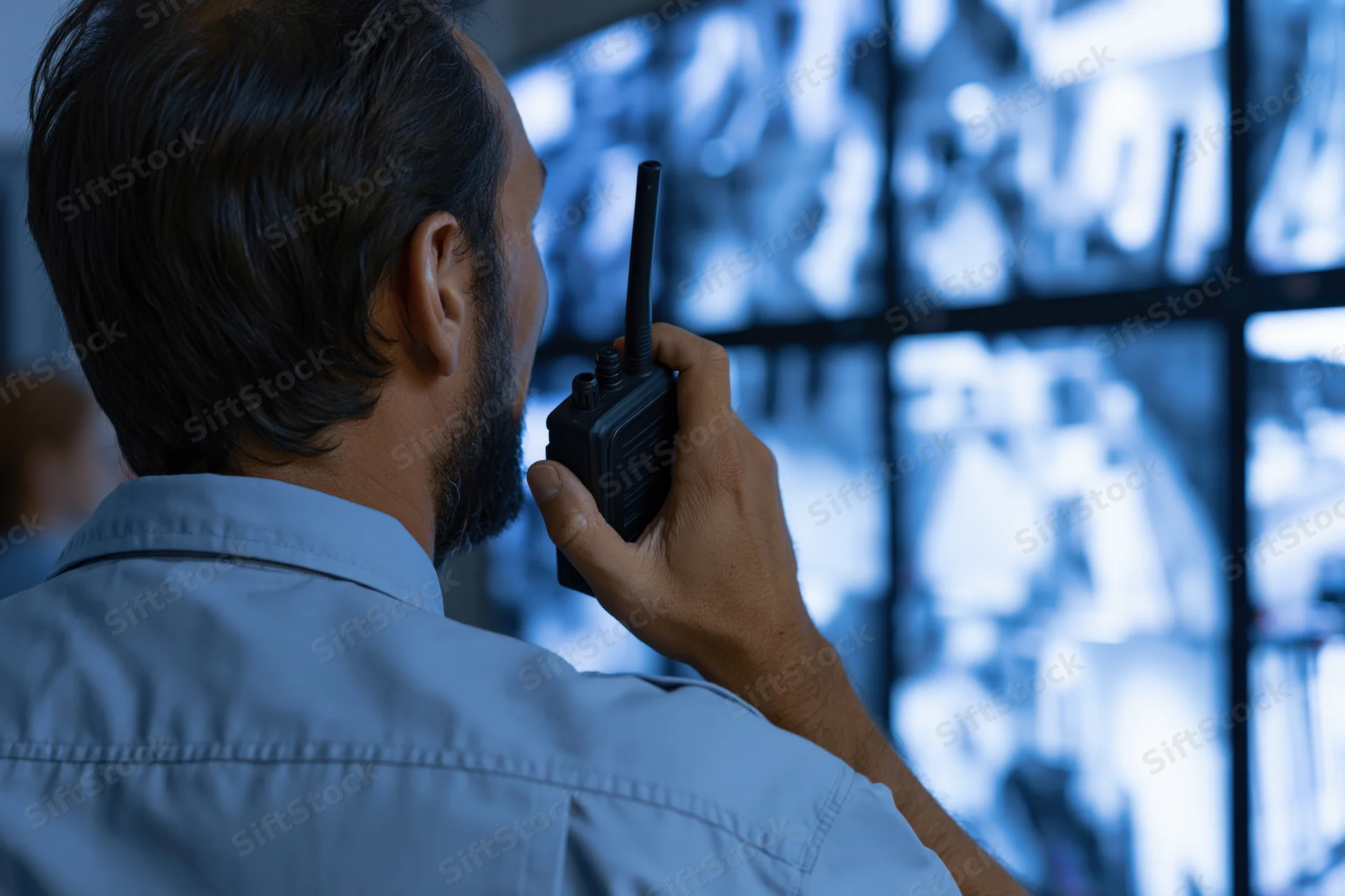 Security guard speaking into handheld radio while monitoring screens in control room
