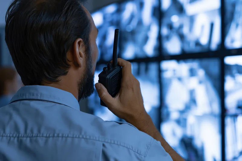 Security guard speaking into handheld radio while monitoring screens in control room