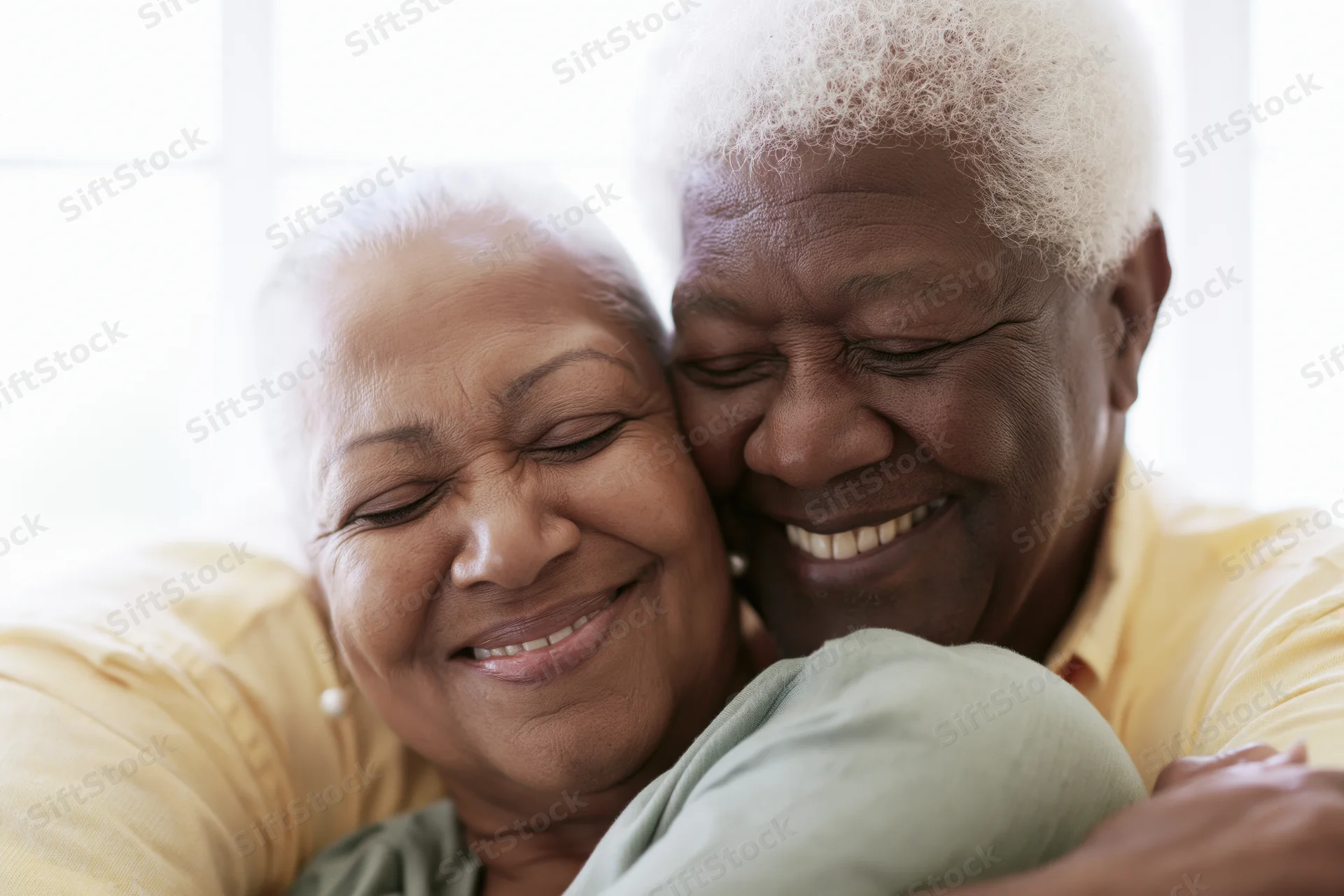 Senior african american couple embracing cheek to cheek smiling warmly indoors