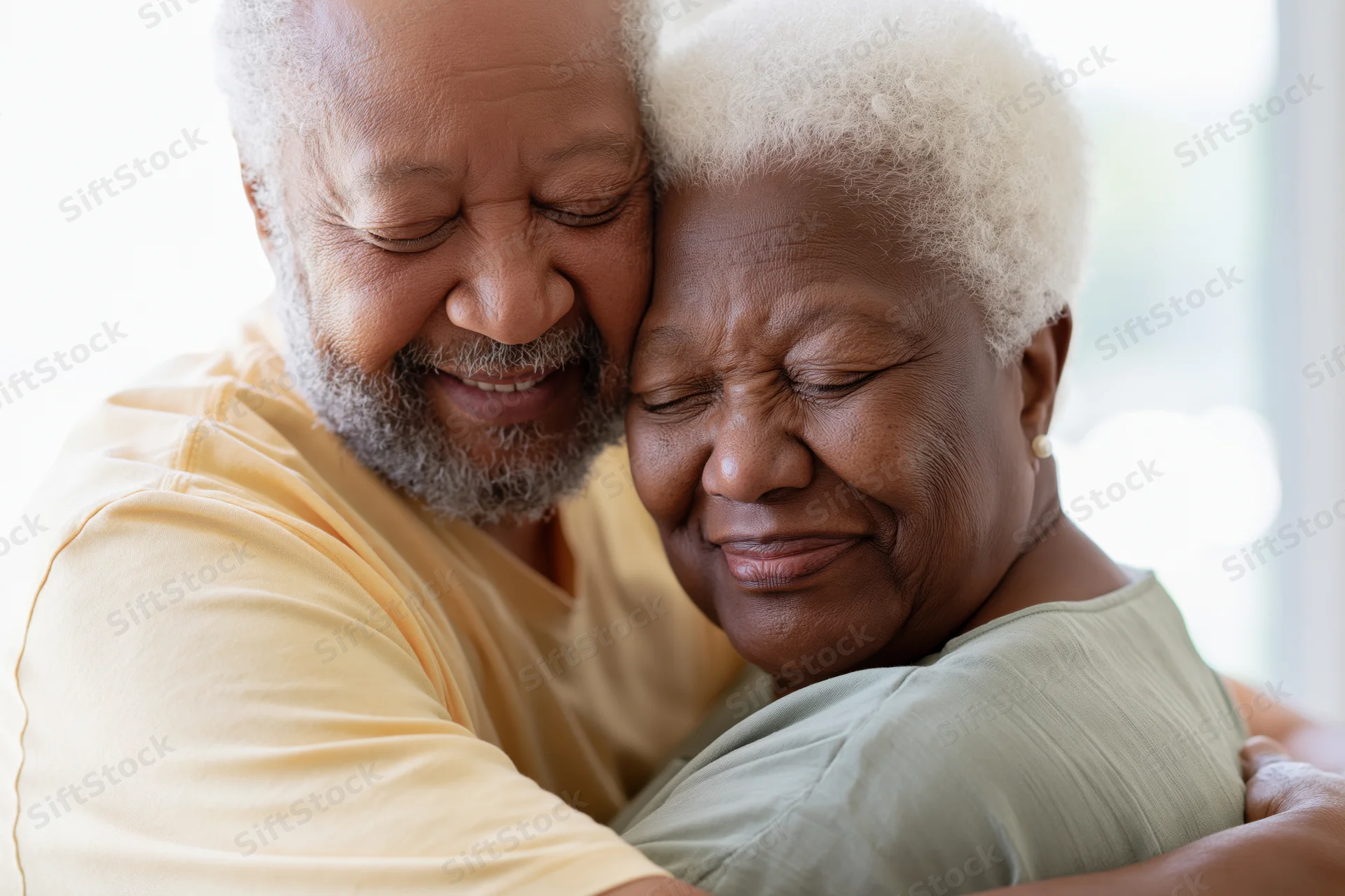 Senior african american couple embracing cheek to cheek smiling indoors