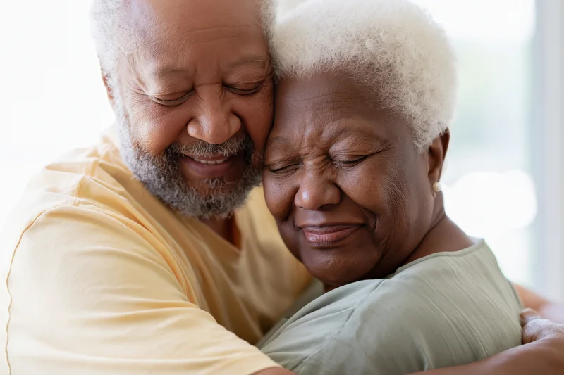 Senior african american couple embracing cheek to cheek smiling indoors