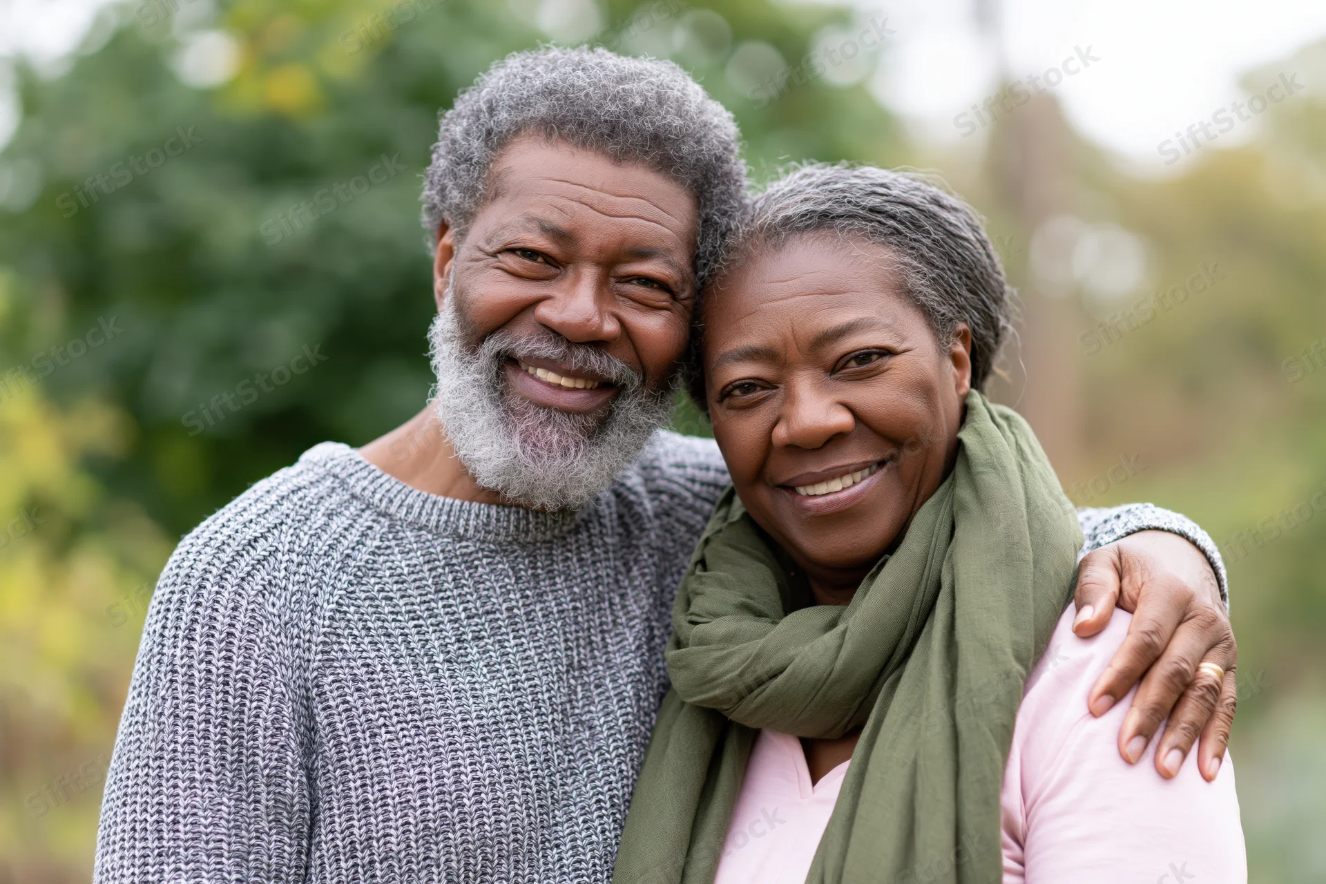 Senior black couple embracing and smiling outdoors in a garden setting