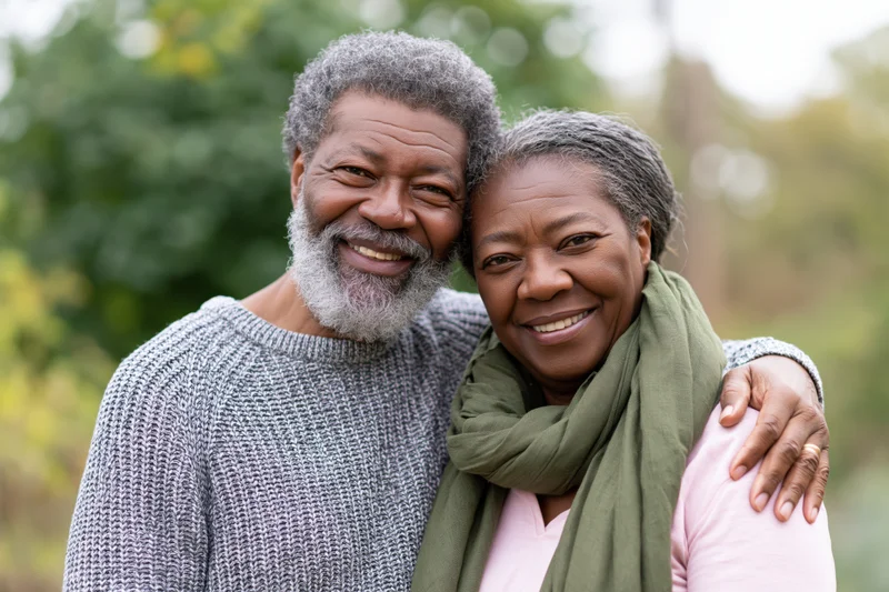 Senior black couple embracing and smiling outdoors in a garden setting