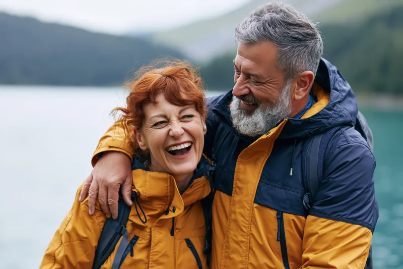 Senior couple laughing and embracing while hiking by an alpine lake