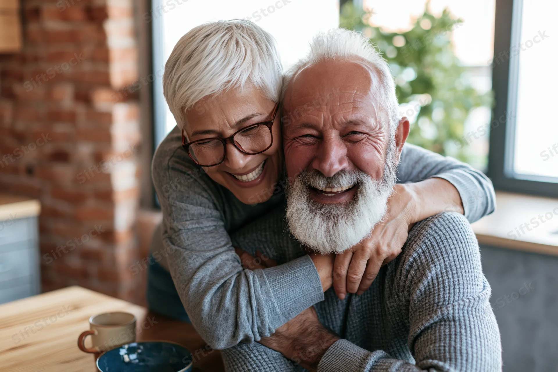 Senior couple laughing and embracing in their kitchen