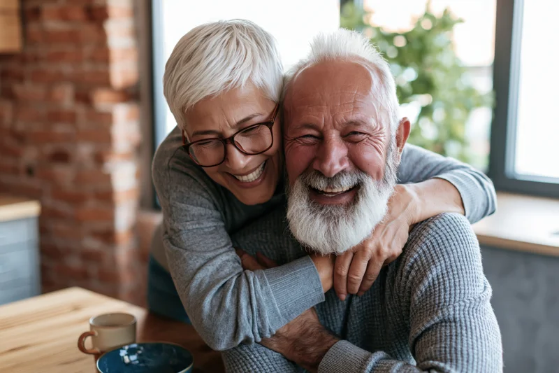Senior couple laughing and embracing in their kitchen