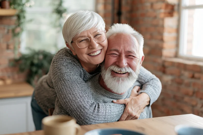 Senior couple laughing and hugging in their kitchen at home