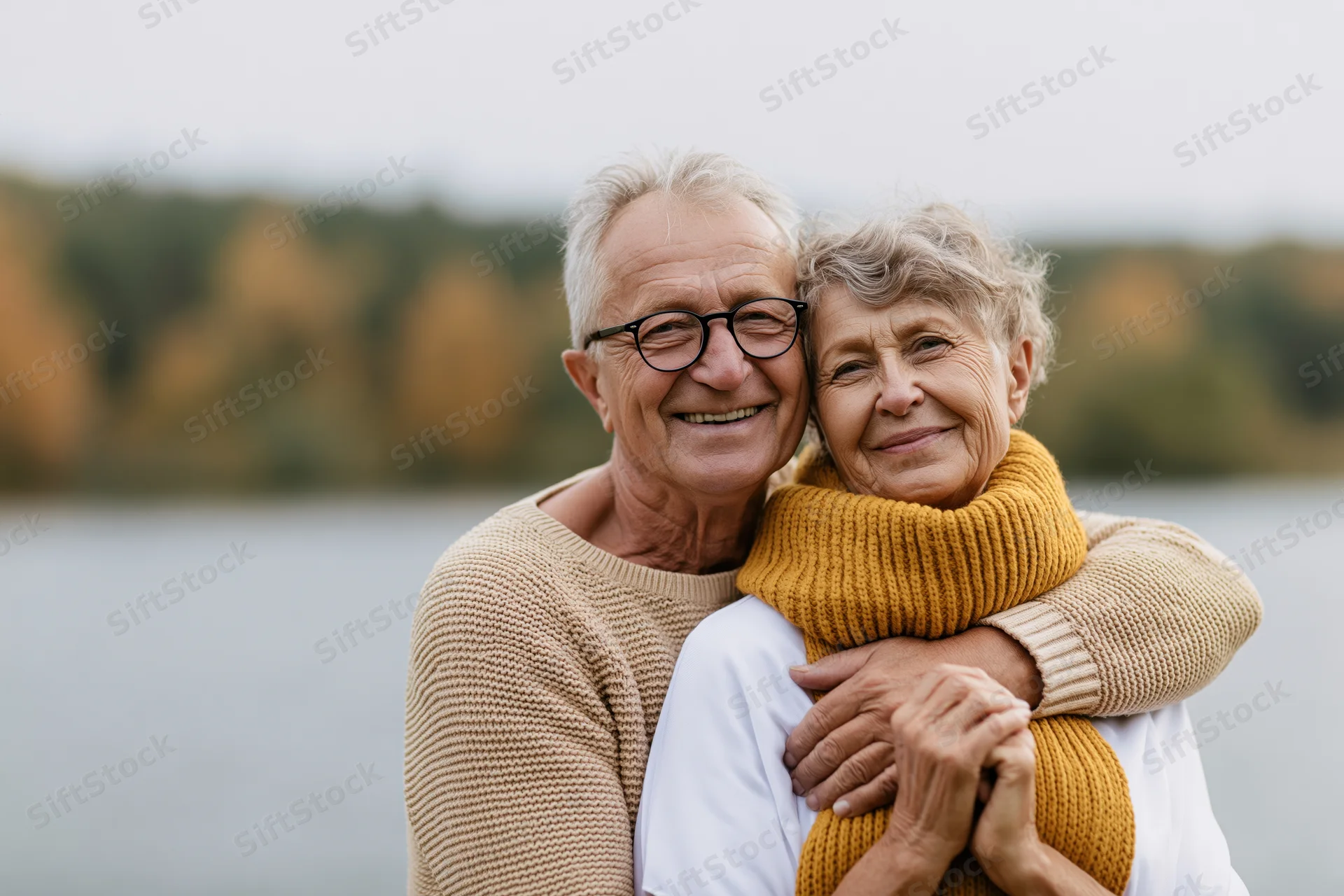 Senior couple smiling and embracing by a lake in autumn