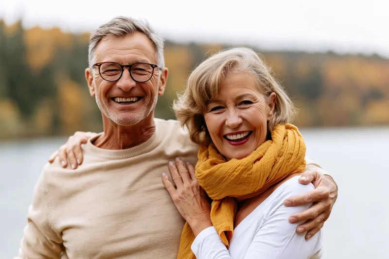 Senior couple smiling and embracing by a lake in autumn foliage