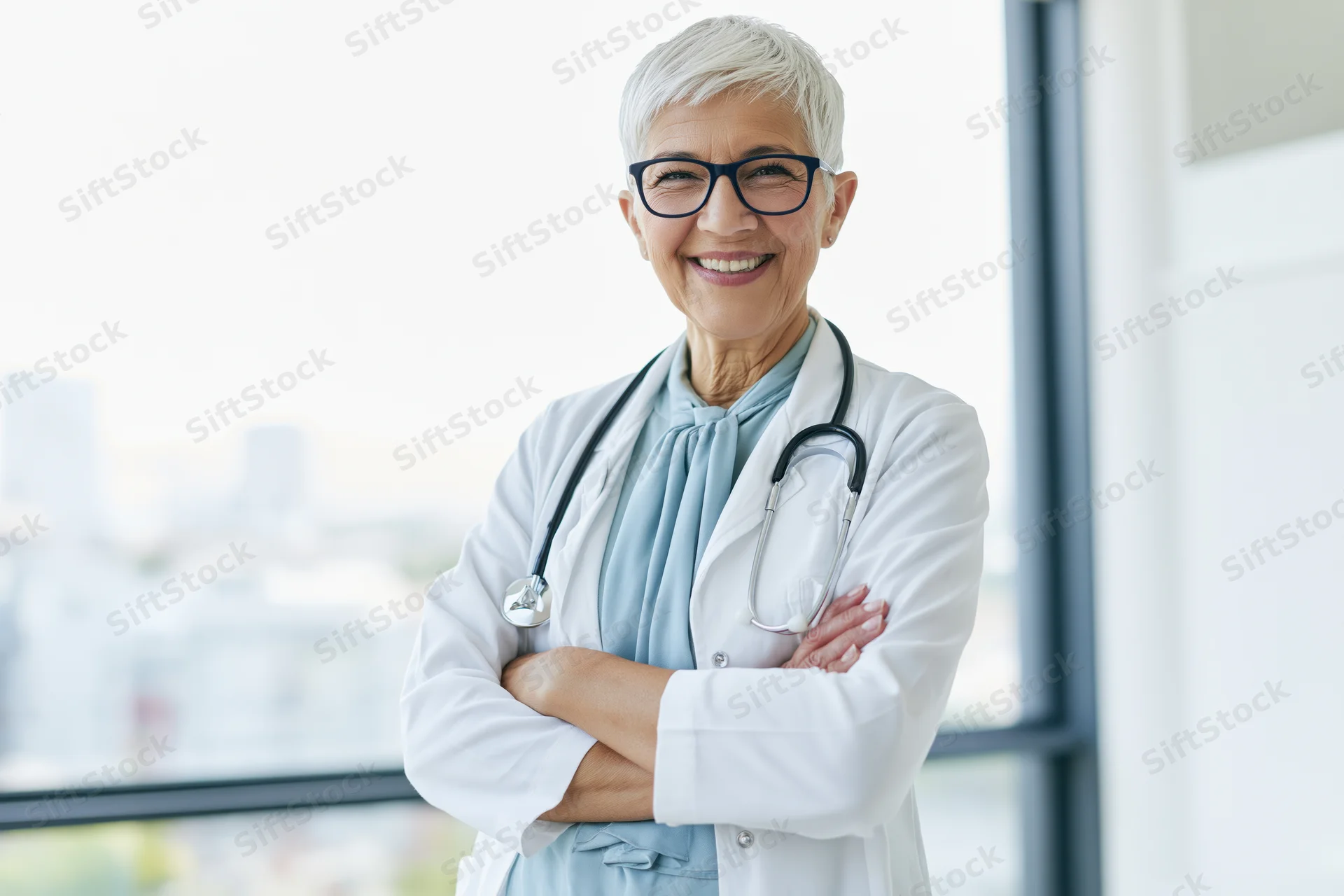 Senior female doctor in white coat with stethoscope smiling with arms crossed in clinic near window