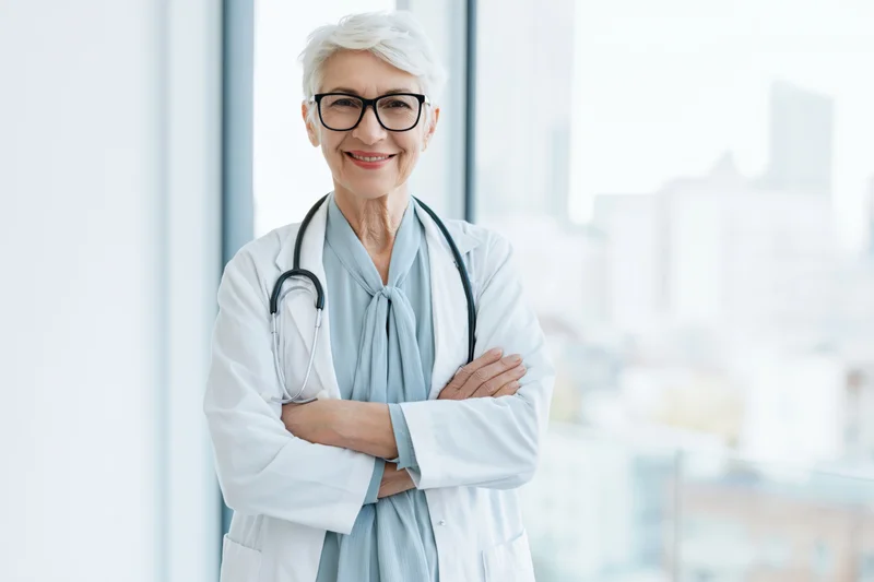 Senior female doctor with short white hair and black-framed glasses smiling with arms crossed in a bright office by a window