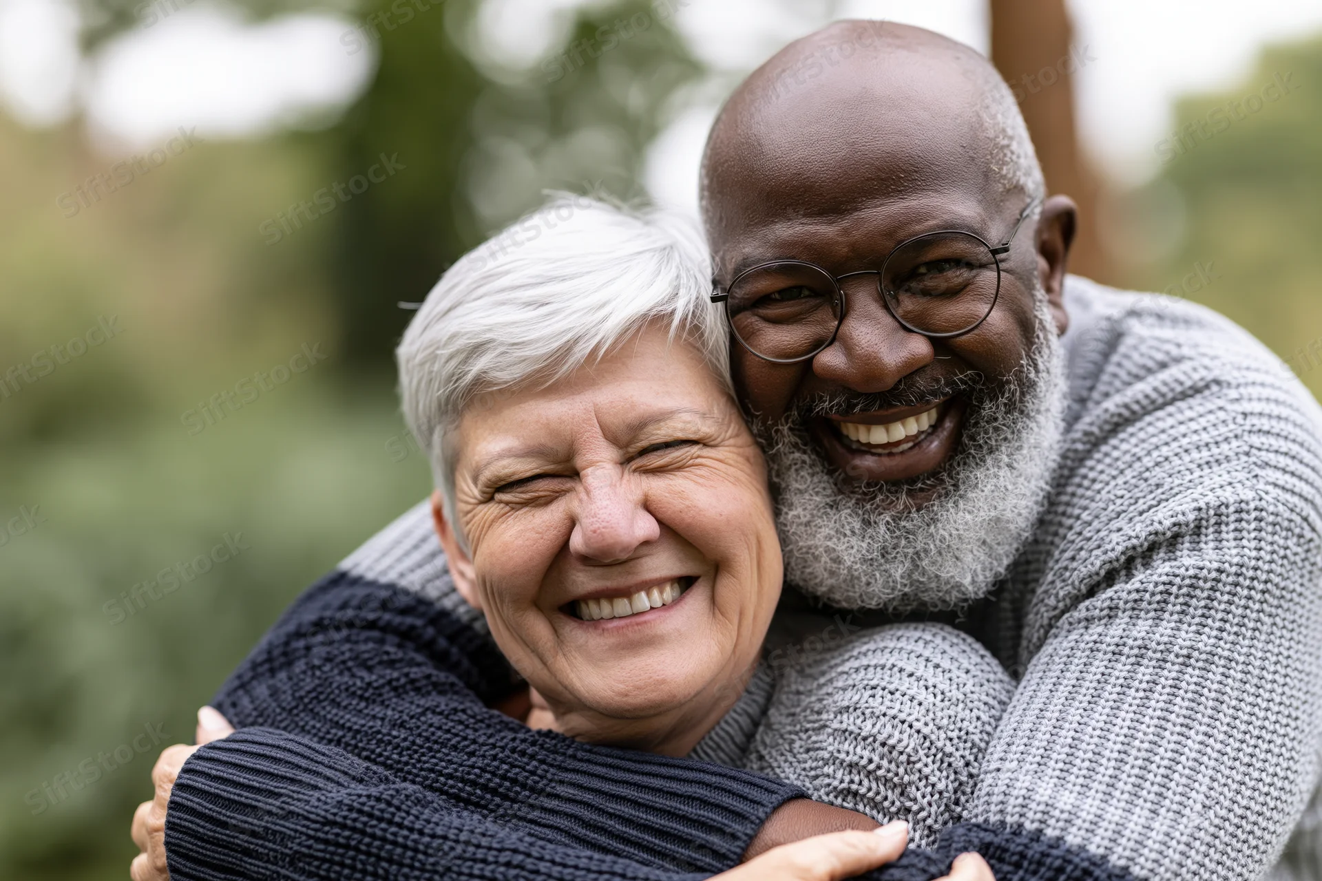 Senior interracial couple embracing outdoors, both smiling warmly, woman with short white hair and man with gray beard and glasses, wearing knit sweaters in a park setting