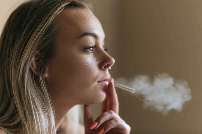 Young blonde woman exhaling cigarette smoke in profile indoors