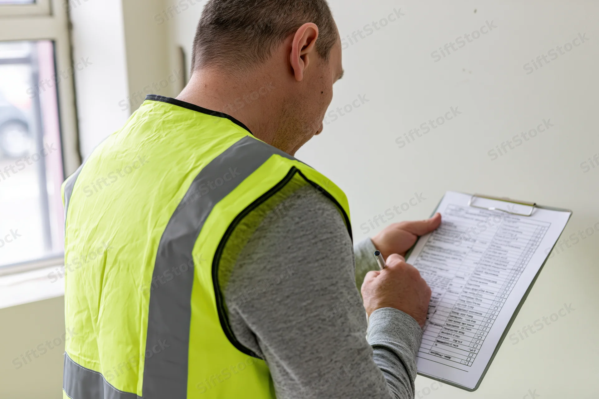 Male inspector in high-visibility vest writing on clipboard during site inspection indoors