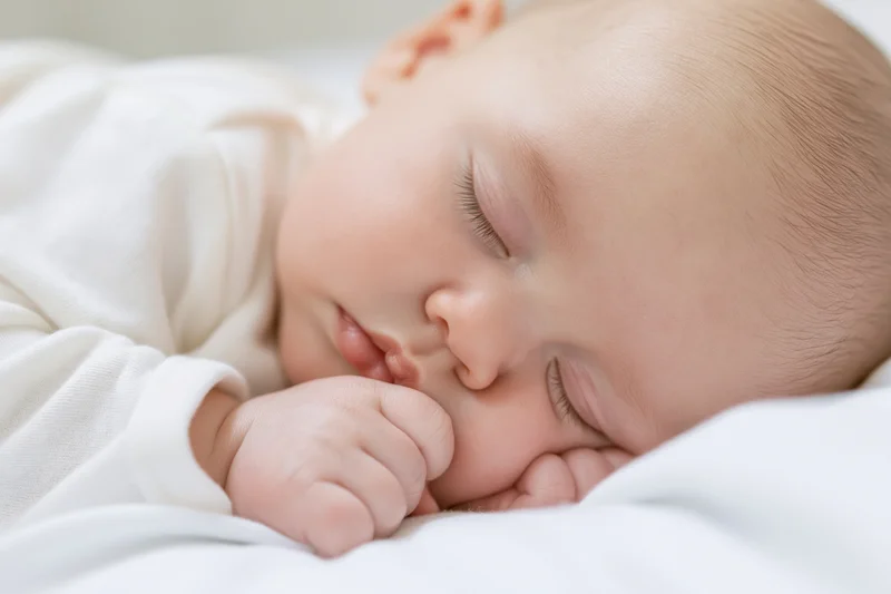 Sleeping infant with hand near face on white bedding