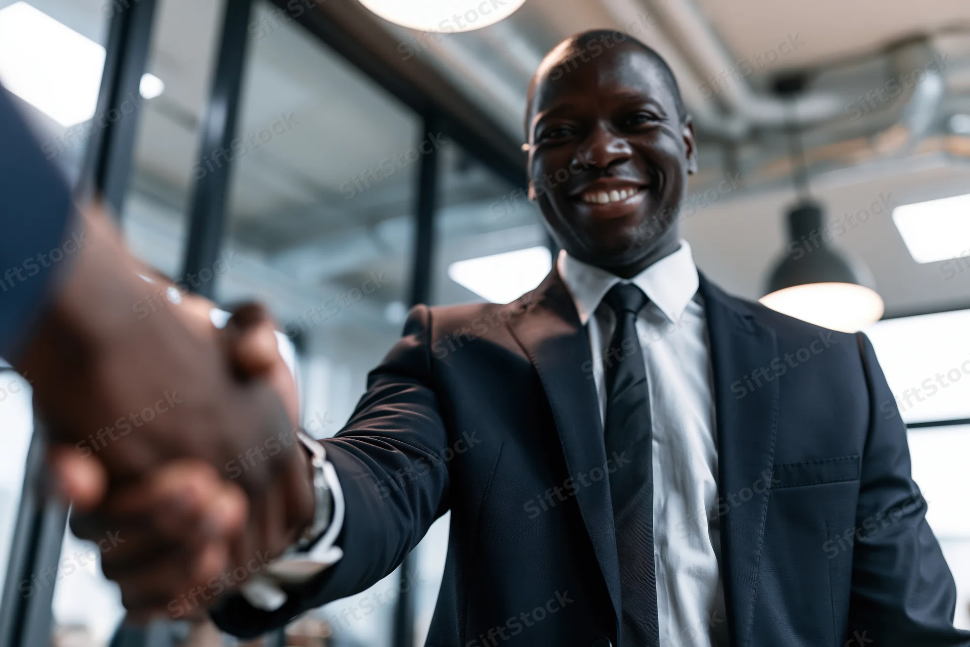 Smiling black businessman in dark suit shaking hands in modern office interior