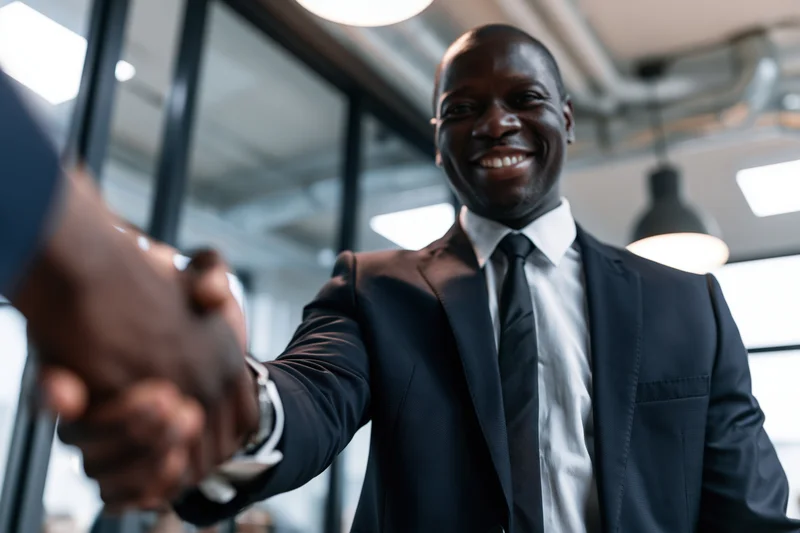 Smiling black businessman in dark suit shaking hands in modern office interior