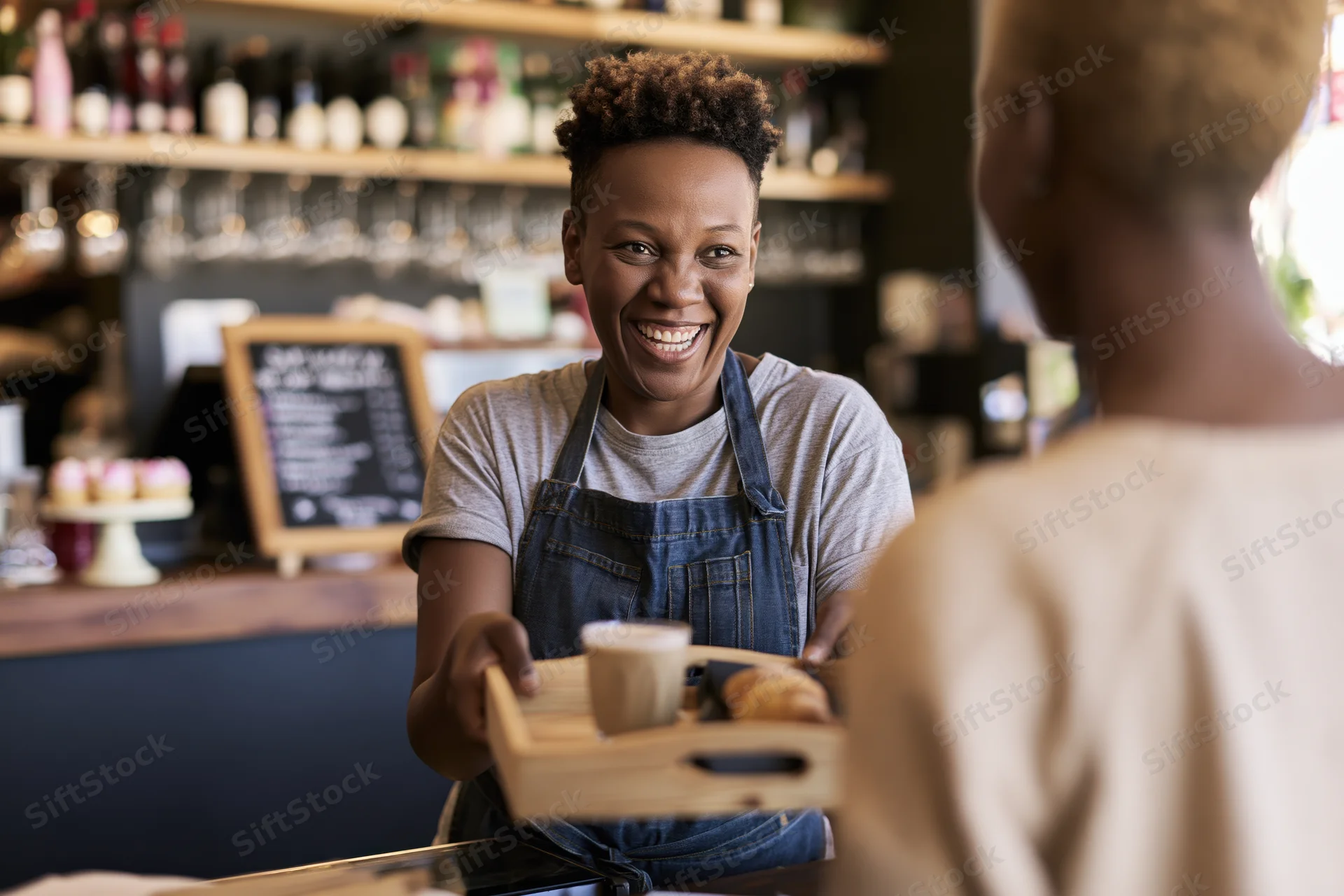 Smiling black female barista handing a tray with coffee and croissant to a customer at cafe counter