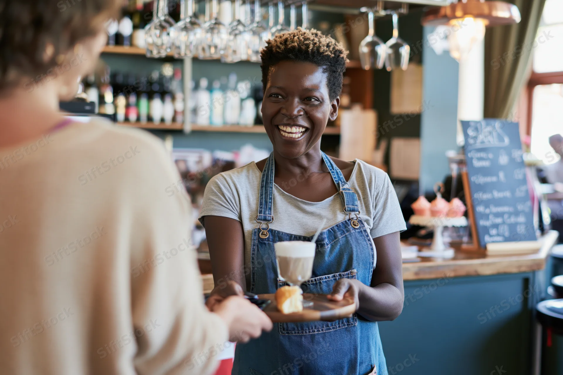 Smiling black woman barista handing coffee and pastry to customer at cafe counter