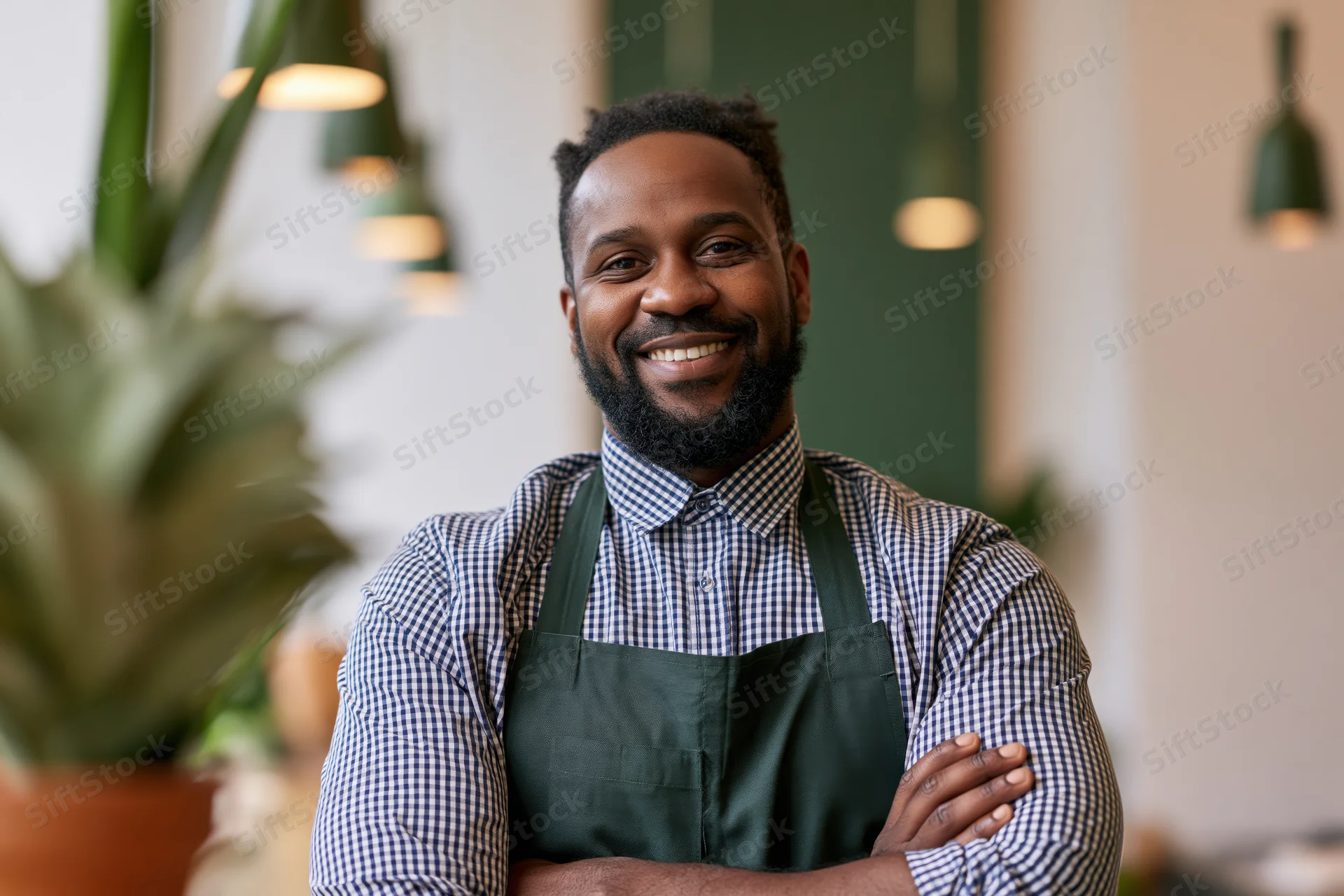 Smiling black male cafe owner standing with arms crossed in modern cafe interior